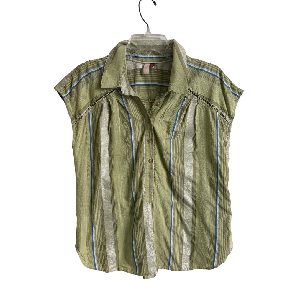 PILCRO Anthropologie Serena Surf Henley Blouse Sz M Green Blue Metallic